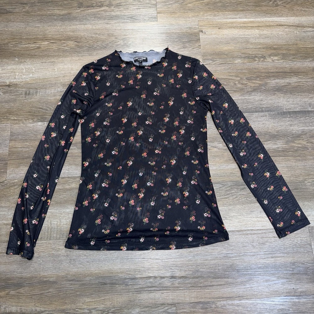 Velvet Heart Los Angeles Sheer Long-Sleeve Mesh Top Womens M Black Floral Print